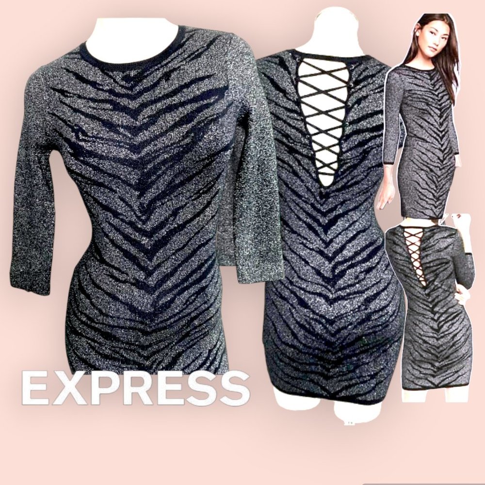 Sexy Black & Silver Metallic Tiger Lace-up Stretch Bodycon Knit Dress - NWT